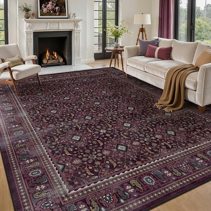 Fig Washable Area Rugs 8x10 for Living Room, Earth Tone Dark Academia Bedroom Rug with Vintage Boho Floral Trellis Pattern, Non Slip Ultra Thin Carpet Rug for Dining Room/Guest Room/Home Office