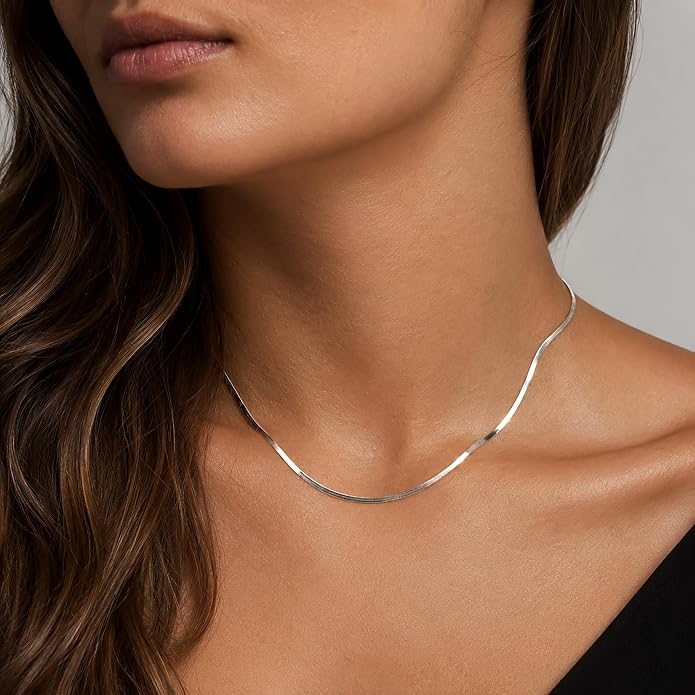 WomenGifts 14K Gold Silver Plated Herringbone Necklace for Women, Dainty Snake Chain Choker, Trendy Simple Long Layered Jewelry Non Tarnish, 3/4/5/8mm,14,16,18,20,22,24,26 Inch Thin & Chunky Options
