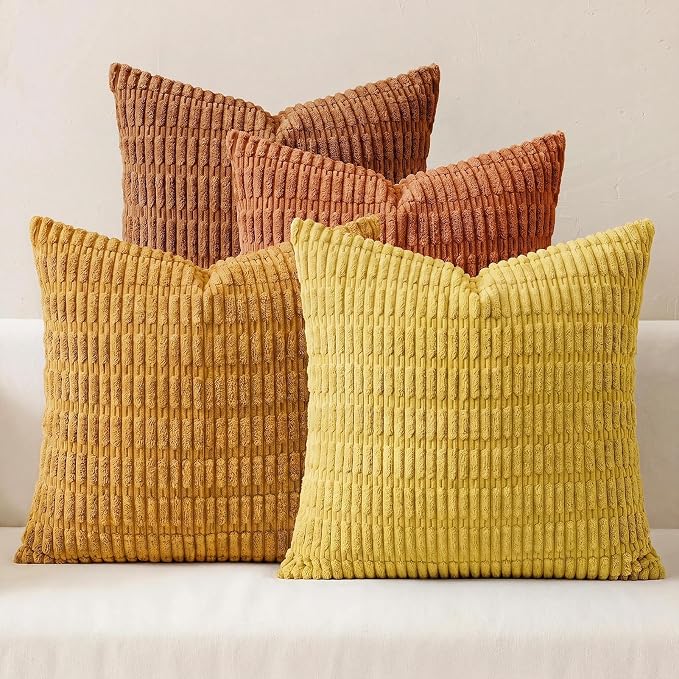 Softalker Fall Throw Pillow Covers 22x22 Inch, Set of 4, Corduroy Soft Striped Farmhouse Boho Pillow Cover, Modern Farmhouse Boho Autumn Home Decor for Living Room Bed Sofa, Orange/Rust