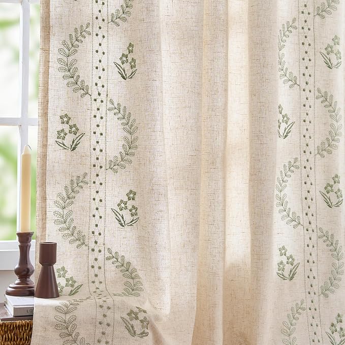 jinchan Floral Lined Linen Curtains 63 Inch Rod Pocket 2 Panels Sage Green | Embroidered curtains,privacy lining,boho curtains,light filtering,living room,bedroom,flower patterned,window treatment