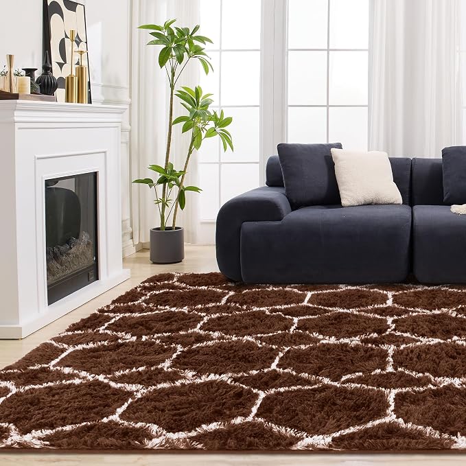 Fluffy Rug for Bedroom, Soft 4x6 Brown Shag Plush Geometric Area Rugs | Modern Brown and White Rug, Non Slip Carpet for Living Room, Aesthetic Home Decor, Fuzzy Floor Mat for Nursery Teen Dorm