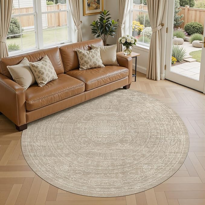 6ft Round Rug Living Room: Washable Large Vintage Rug Neutral Non-Slip Soft Stain Resistant Indoor Carpet for Bedroom Nursery Dining Room Under Table Bed Home House Office Playroom - Brown