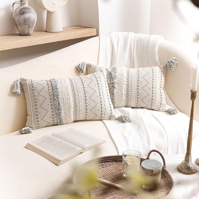 BlissBlush 12x20 Lumbar Pillow Cover, Cream Neutral Rectangular Decorative Cushion Cover with Gray Pattern, Boho Accent Pillowcase with Tassels for Couch Sofa Living Room (Cover Only)