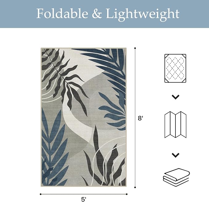 GENIMO 5x8 Outdoor Rug, Washable for Patio and Deck, Navy Grey | Botanical leaf design for porch; fade resistant chenille with quick-dry non-slip backing for indoor sunroom.