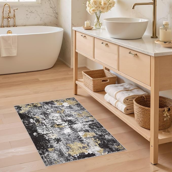 Abstract 2x3 Area Rug: Machine Washable Non Slip Ultra Thin Low-Pile Carpet, Soft Stain Resistant for Entryway Kitchen Bathroom, Kid Pet Friendly, Robot Vacuum Compatible - Black Gold