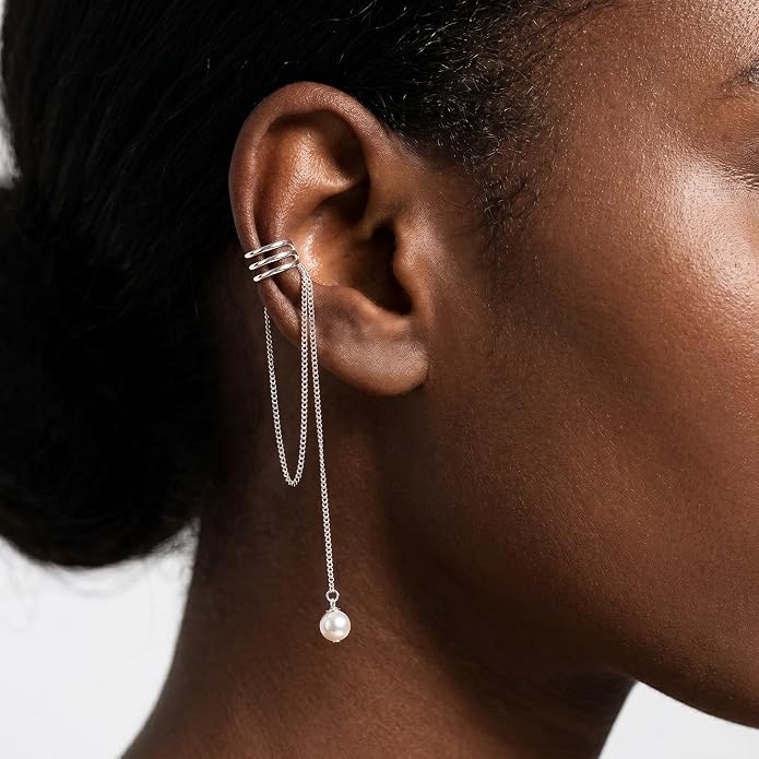 SLUYNZ 925 Sterling Silver No Piercing Cuff Earrings Chain for Women Wrap Earrings Pearl Tassel Clip On Ear