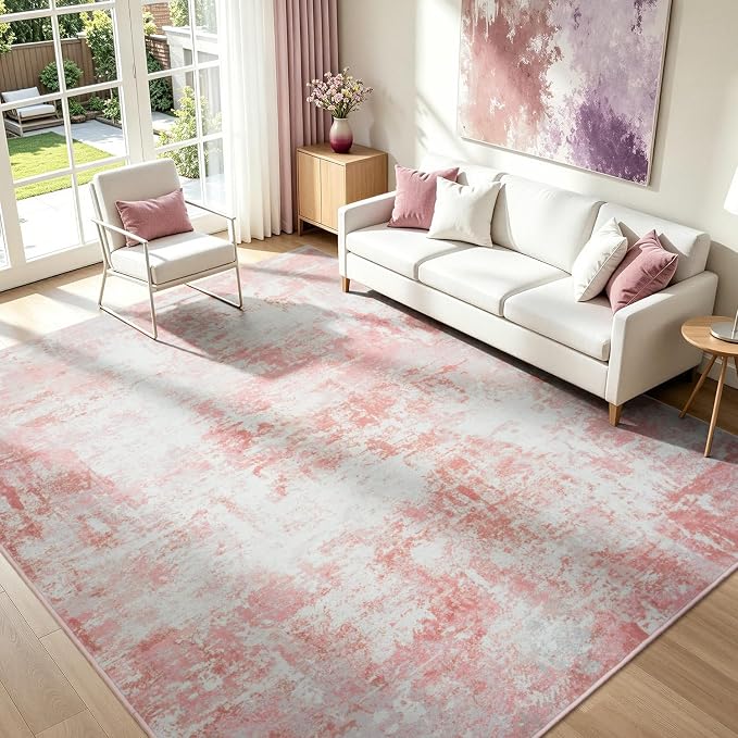 Rugflix 8x10 Area Rugs for Nursery Girls Room, Washable Large Rug Stain-Resistant Low Pile, Modern Non Slip Carpet for Kids Bedroom Living Room Home Office, Pink/White
