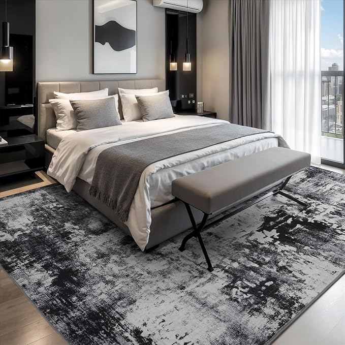 Rugflix 10x12 Area Rugs for Living Room, Black Grey Large Rug Stain-Resistant Low Pile, Big Washable Dark Carpet Non-Slip for Bedroom Dining Room Home Office Nursery Room