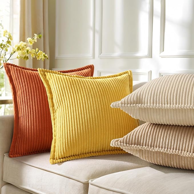decorUhome Fall Corduroy Natural Beige Throw Pillow Covers 12x20 Set of 2 | Lumbar Couch Decorative Soft Modern Boho Farmhouse Pillow Covers Broadside Striped Pillow Cases for Living Room Bed Sofa