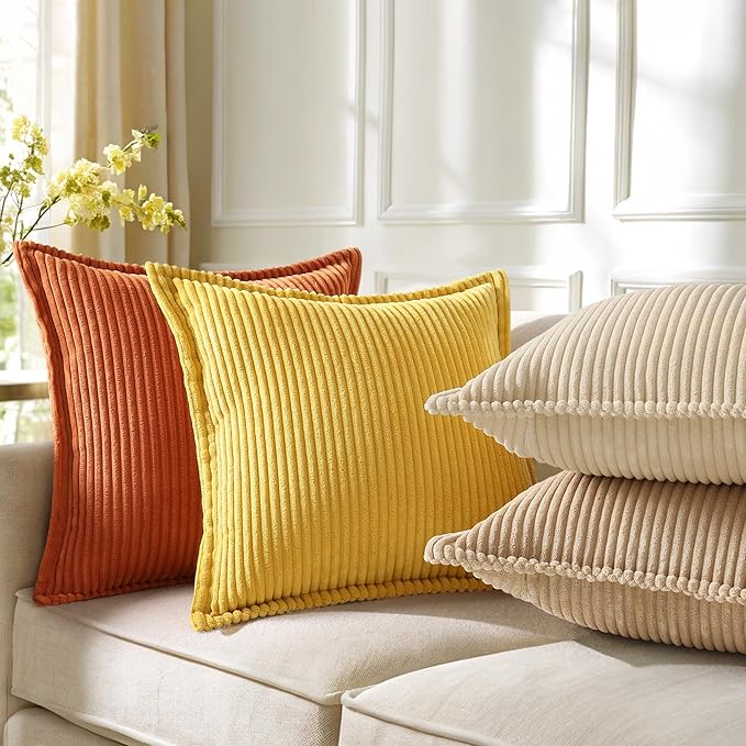 decorUhome Fall Corduroy Rust Throw Pillow Covers 12x20 Set of 2 | Lumbar Couch Decorative Soft Modern Boho Farmhouse Pillow Covers Broadside Striped Pillow Cases for Living Room Bed Sofa