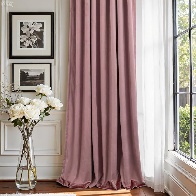 Dusty Rose Pink Velvet Curtains 96 Inches Long for Girls Room Kids Nursery 2 Panels Thick Heavy Privacy Noise Reducing Light Drapes for Living Room Darkening Princess Victorian Western Decor 96 Length