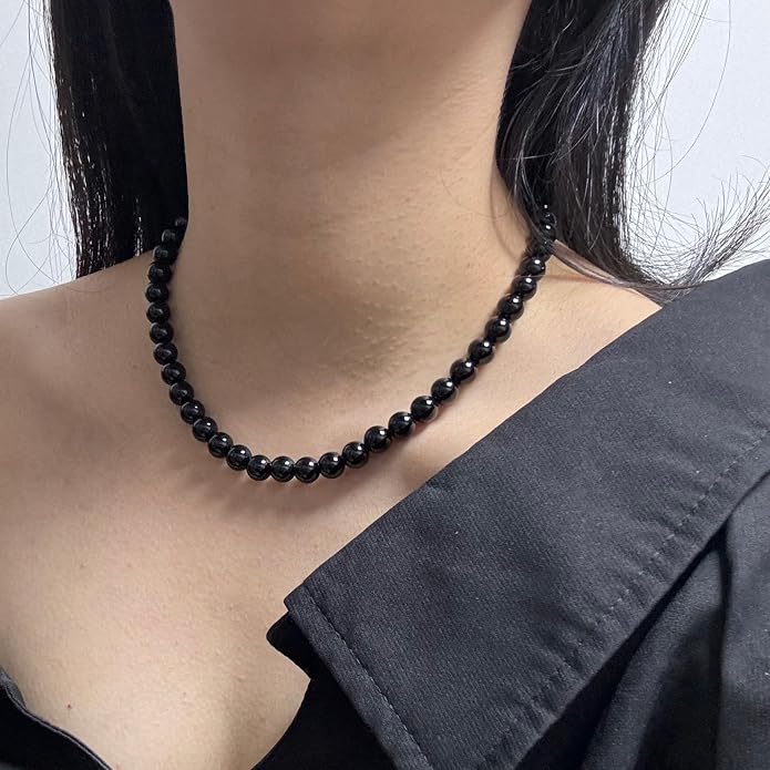 Kakikaki Natural Agate Choker Necklace Sterling Silver Round Beads Strand Necklace for Women
