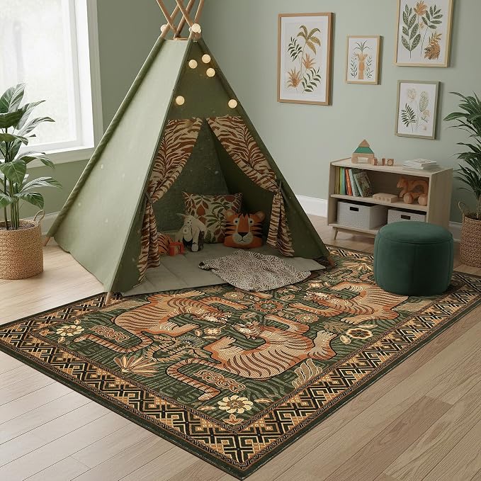 GarveeHome 4x6 Tiger Washable Area Rug for Kids Room, Boho Green Bedroom Rug Non Slip Low Pile Vintage Tribal Carpet Stain Resistant Throw Rug for Dorm Nursery Room Playroom Office Dining Room
