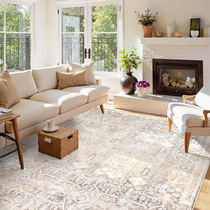 Collive Large Area Rug for Living Room 9x12, Neutral Boho Washable Area Rug 9x12 Non Slip Modern Farmhouse Bedroom Carpet Stain Resistant Ultra-Thin Low Pile Print Floor Mat for Dining Office - Beige