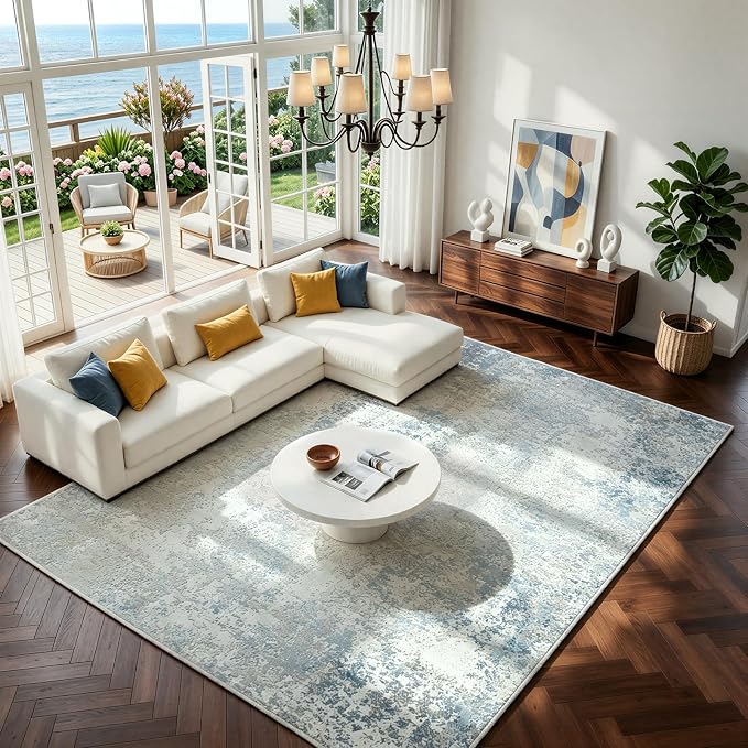 Washable Rugs 8x10 Area Rugs for Living Room - Modern Abstract Rugs for Bedroom,Dining Room,Large Soft Low Pile Carpet with Non Slip Rubber Backing,Neutral Accent Nursery Rug- Beige Blue