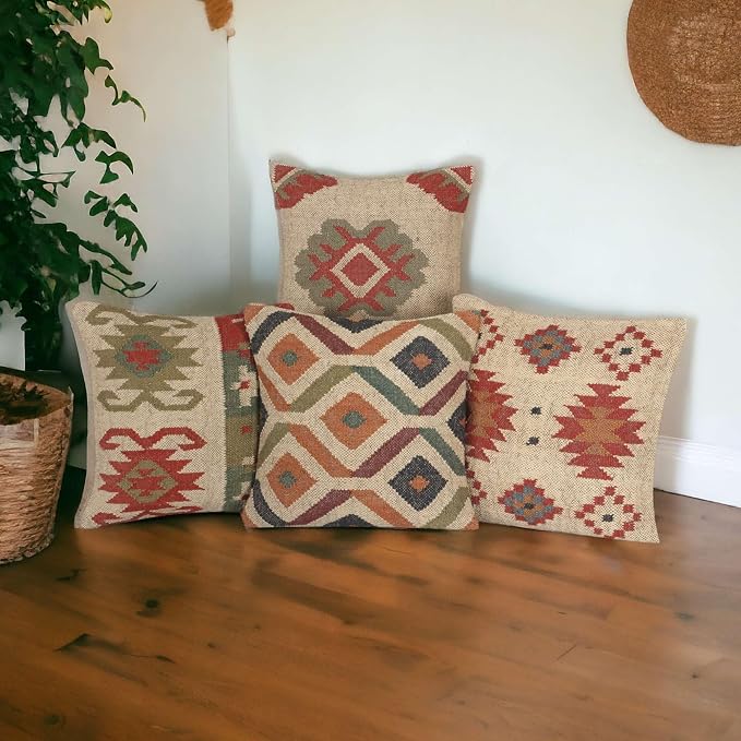 Set of 4 Wool Jute Vintage Kilim Cushion Covers,Home Decor Pillowcases Handwoven Turkish Pillow Decorative Throw Pillow Covers (Multicolor-11)