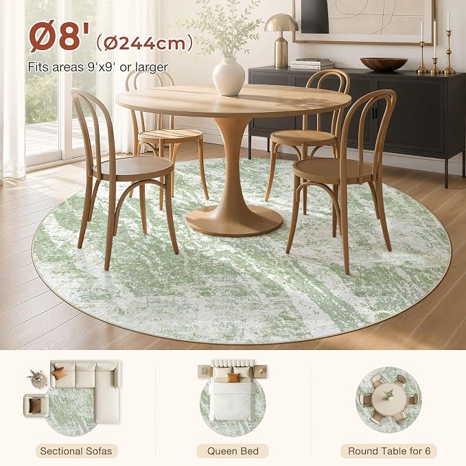 DMOYEST 8ft Round Washable Area Rug for Living Room: Modern Abstract Neutral Circle Carpet, 8x8 Soft Low Pile Non-Slip Floor Mat for Bedroom Under Dining Table, Kids & Pet - Green