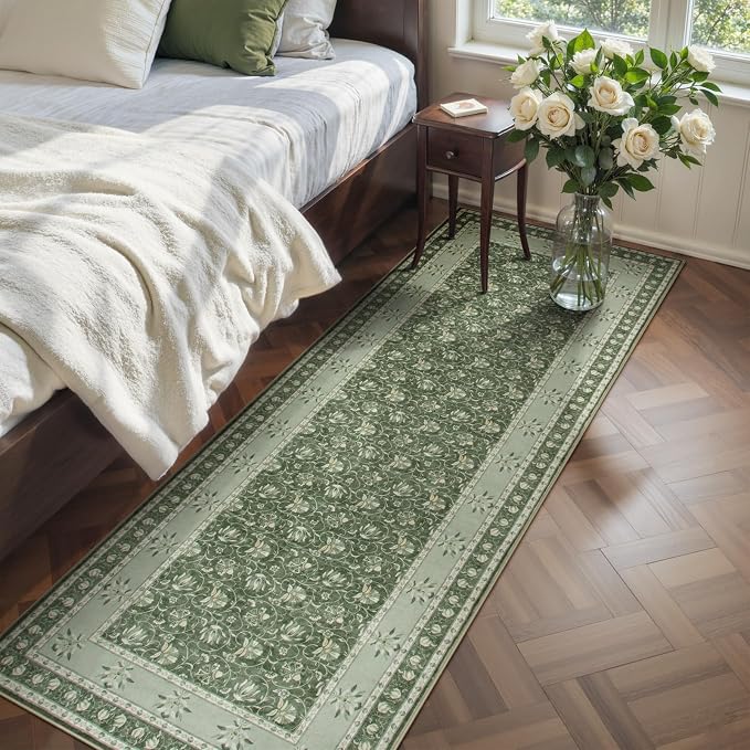 Lahome Green Washable Runner Rug, Low Plie Soft 2x6 Runner Rug Non Slip Kitchen Runner, Vintage Floral Carpet Runners for Bedroom Entryway Bathroom (2'x6', Green)