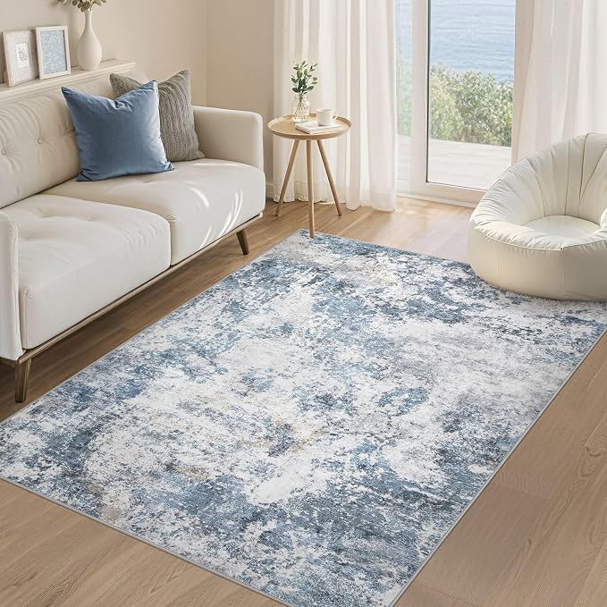 DMOYEST 4x6 Area Rug - Washable & Non Slip Indoor Rug for Living Room, Ultra Soft Abstract Low Pile Carpet, Kid & Pet Friendly Neutral Decor for Bedroom - Blue