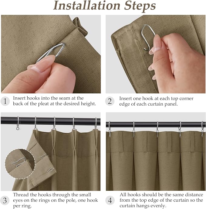 Aersas Linen Brown Pinch Pleated Linen Curtains 96 Inch Length 2 Panels for Living Room Bedroom Semi Sheer Window Curtain Boho Neutral Back Tab Pinch Pleat Drape with Hooks 40x96