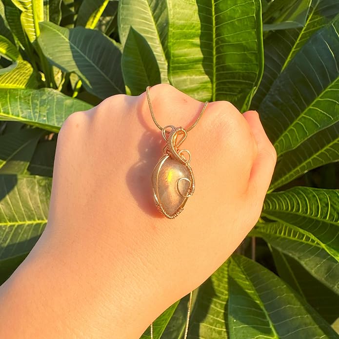 Handmade Wrapped Labradorite Crystal Pendant Necklace - Dainty Charm Copper Wired Necklace, Healing Crystals and Gemstones, Vintage Jewelry for Women, Men's Necklace, Boho Black Stone Protection Birthstone Jewelry