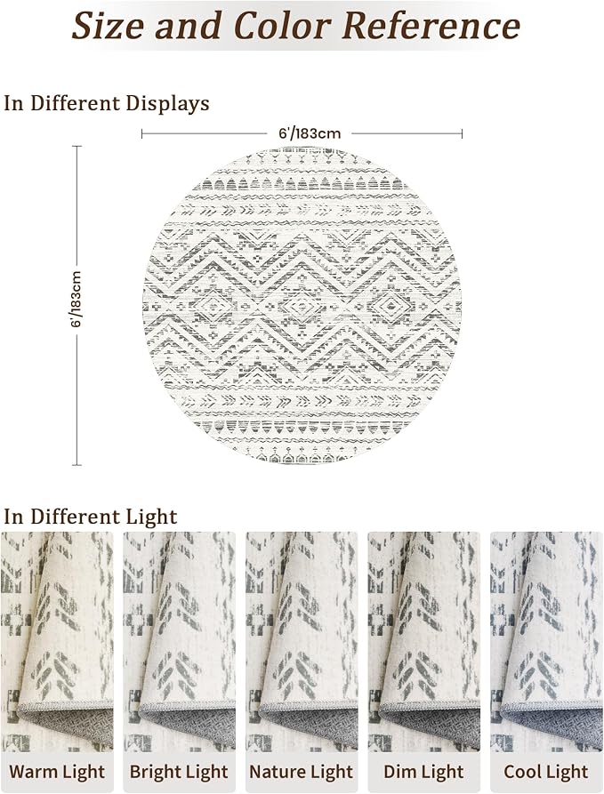 Miukiki Round Rugs 6ft for Living Room Moroccan Washable Circle Rug Non Slip Indoor Floor Carpet Foldable Area Rug for Dining Room with Low Pile(Grey,6'x6')