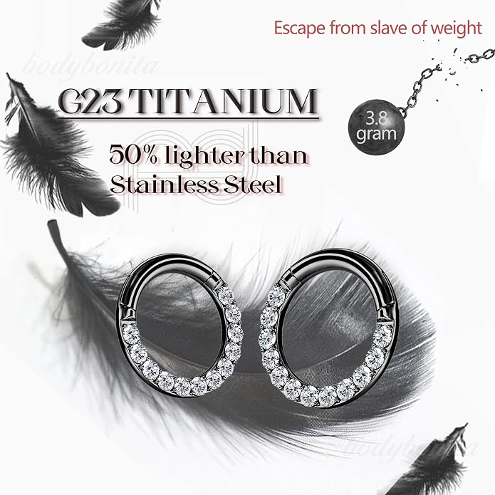 BodyBonita G23 Titanium 0G 2G 4G 6G 8G 10G 12G 14G CZ Septum Rings PA Nose Hoops Clicker Ear Weights for Stretched Ear Piercing Jewelry 10mm 12mm Silver/Gold/Black