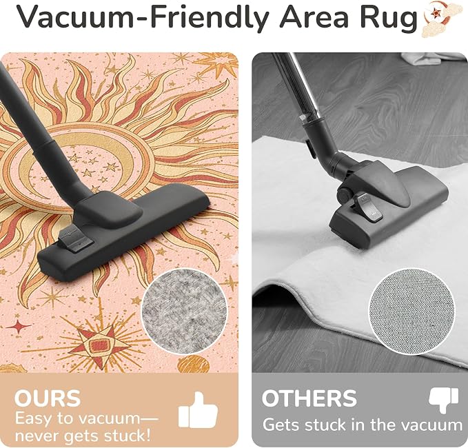 Vacuum-Friendly, 4x6 Washable Area Rug, Pink Gold Beige Red | Sun and Moon Boho Gothic Non-Slip Low Pile Living Roon Bedroom Dining Room Kitchen Entry Entryway Entrance Hallway Doormat