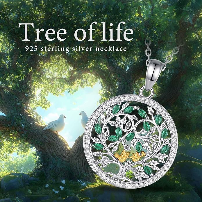 AEONSLOVE Tree of Life Necklace 925 Sterling Silver, Family Tree of Life Pendants Jewelry Gifts for Women Wife Mother, 18 Inch Chain