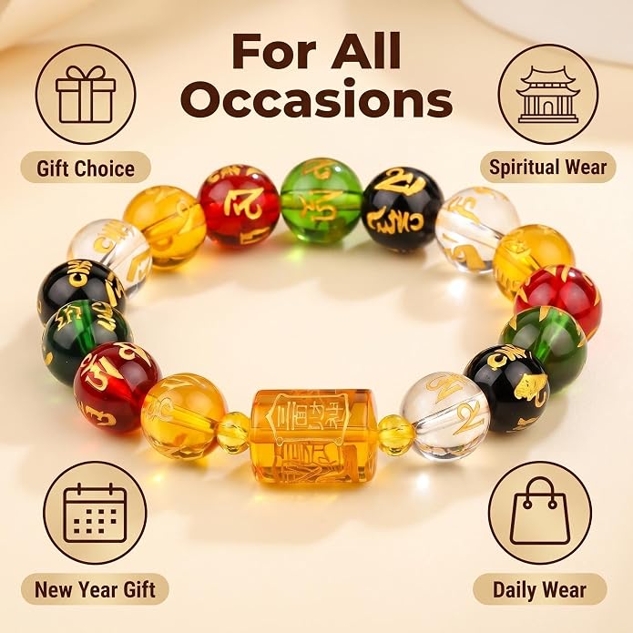 LINGYUAN Feng Shui Wealth and Luck Bracelet with Gold Foil Five Gods Amulet-Red Agate Cinnabar Gemstone Bracelet for Prosperity, Protection & Success, Lucky Charm Gift for Men & Women