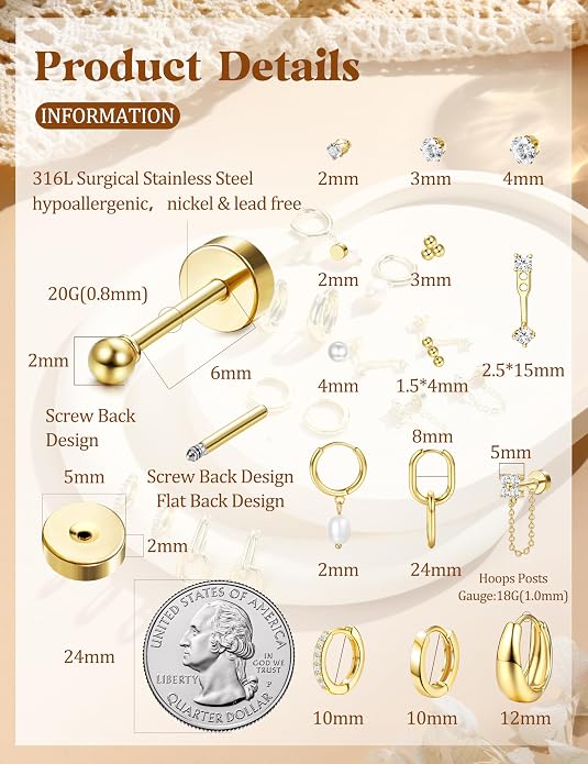 LOLIAS Flat Back Earrings for Women Hypoallergenic Surgical Steel Earrings for Sensitive Ears-20G Cartilage Earring Stacks 14K Gold Plated Hoops Flatback Stud Earring Sets for Multiple Piercing