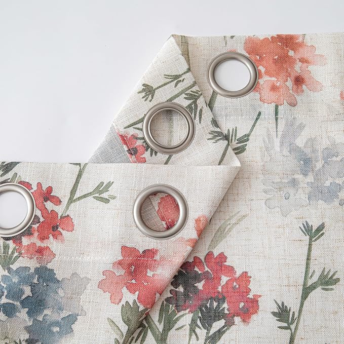 MYSKY HOME Floor to Ceiling Linen Floral Curtains 102 Inch Length 2 Panels Semi Sheer Light Filtering Farmhouse Flower Printed Window Grommet Drapes for Dining Room, 52" W Each Panel, Red