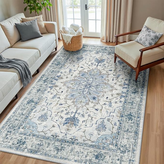 RELEANY Area Rugs 5'x8' Washable Non-Slip, Floral Vintage Distress Medallion Carpet for Living Room Bedroom Dining Room, Light Blue Navy Gray White