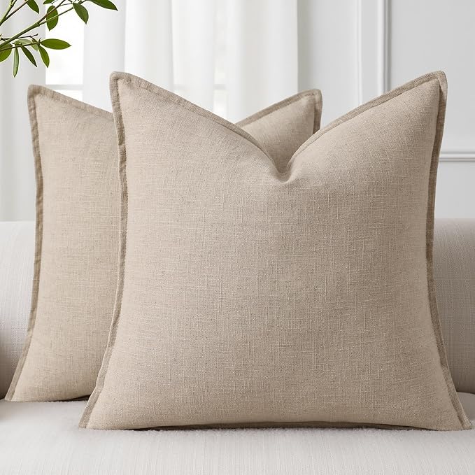 decorUhome Fall Natural Linen Throw Pillow Covers 24x24 Set of 2 | Decorative Soft Cozy Modern Farmhouse Boho Accent Pillow Cases with Flange Edges for Couch Bed Sofa Living Room Home Decor