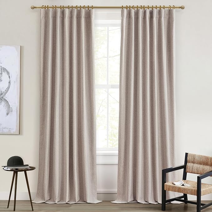 Dining Room Long Curtains 108 Inches Set of 2, 100 Inch Wide (2 x 50")Linen Living Room Drapes 9 Foot Tall 100% Blackout Curtains for Sliding Glass Door 2 Panels Tan Beige Back Tab/Rings/Hooks