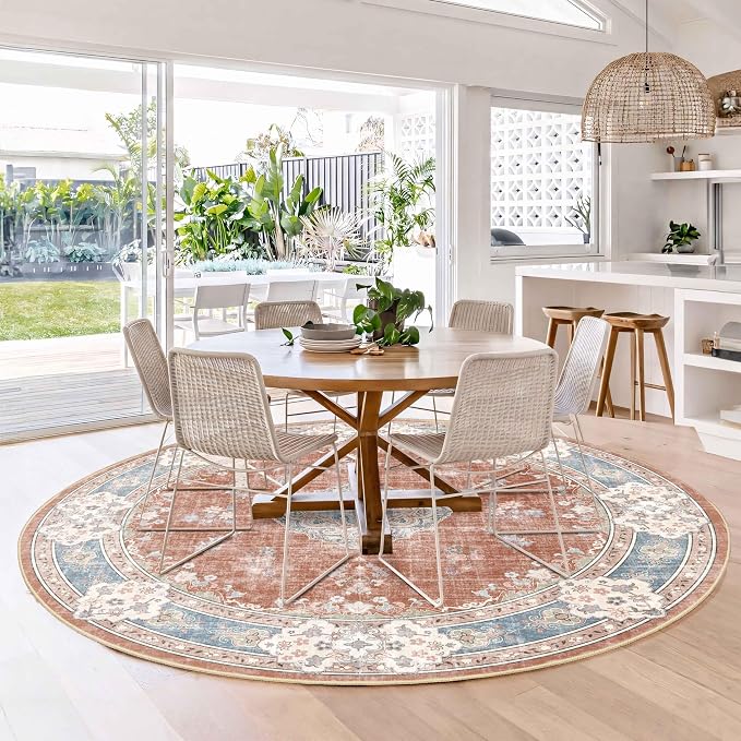 MUJOO Round Rug 6ft,Circle Washable Area Rug Non Slip Low-Pile Floral | Large Circular Rugs for Bedroom Living Room Dining Room Boho Throw Carpet Soft Floor Indoor Vintage Flowers Orange Navy Blue