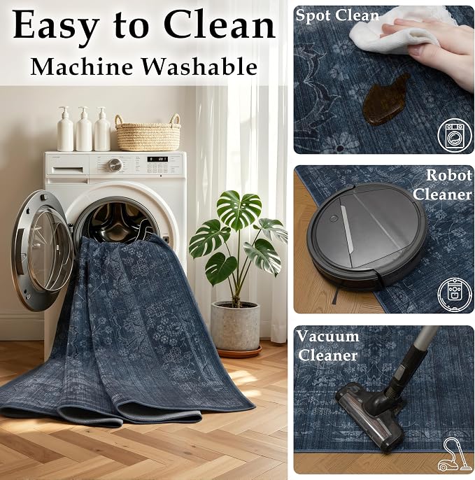 Ruaruarug Area Rug 5'×7', Non Slip Machine Washable Ultra Soft Stain & Fade Resistant, Pet & Kids Friendly, for Living Room/Bedroom/Kitchen/Classroom, Dark Blue