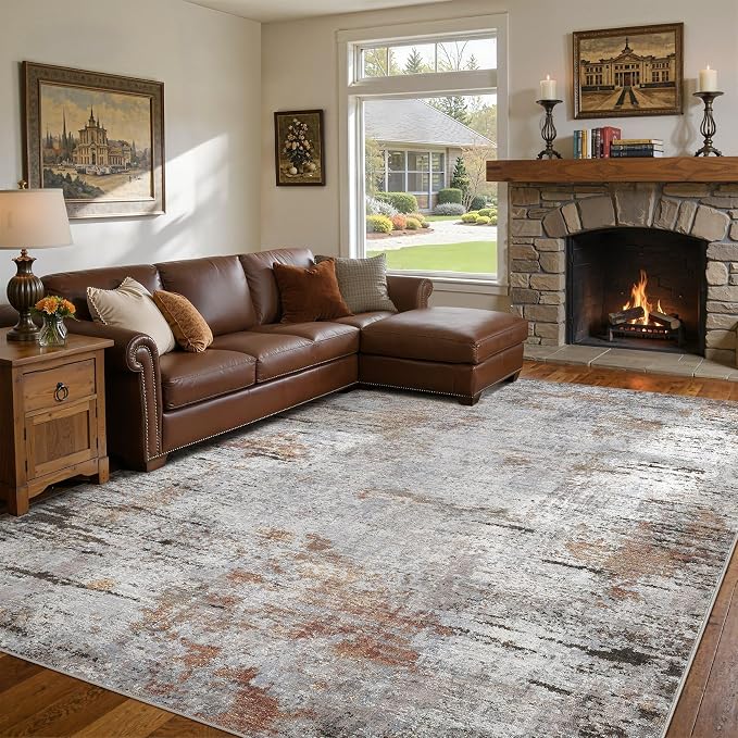 DMOYEST Area Rug Living Room Rugs - 8x10 Large Soft Indoor Neutral Modern Abstract Low Pile Washable Rug Carpet for Bedroom Dining Room Farmhouse Home Office - Grey Rust