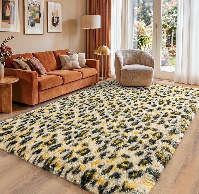 Dssimo Leopard Rugs for Bedroom Living Room 5x7 Cheetah Print Rug | Fluffy Shag Faux Fur Rug, Animal Print Carpet with Non-Slip Backing, Soft Cozy Area Rug for Kids Room, Dorm, Playroom