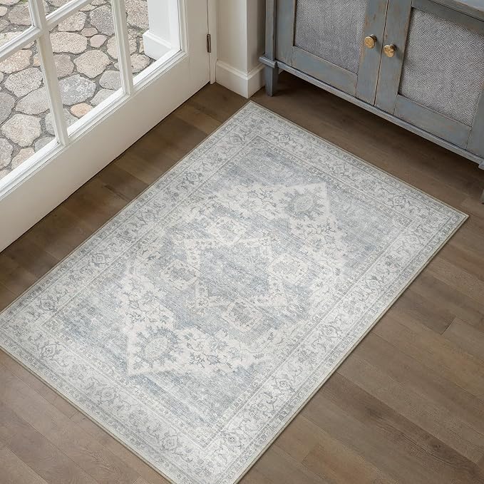 HUGEAR 2x3 Machine Washable Rug Blue Small Entryway Rug Room Decor Vintage Distressed Area Rugs Indoor Door Mat Low Pile Non Slip Carpet for Kitchen Living Bedroom Soft Lightweight