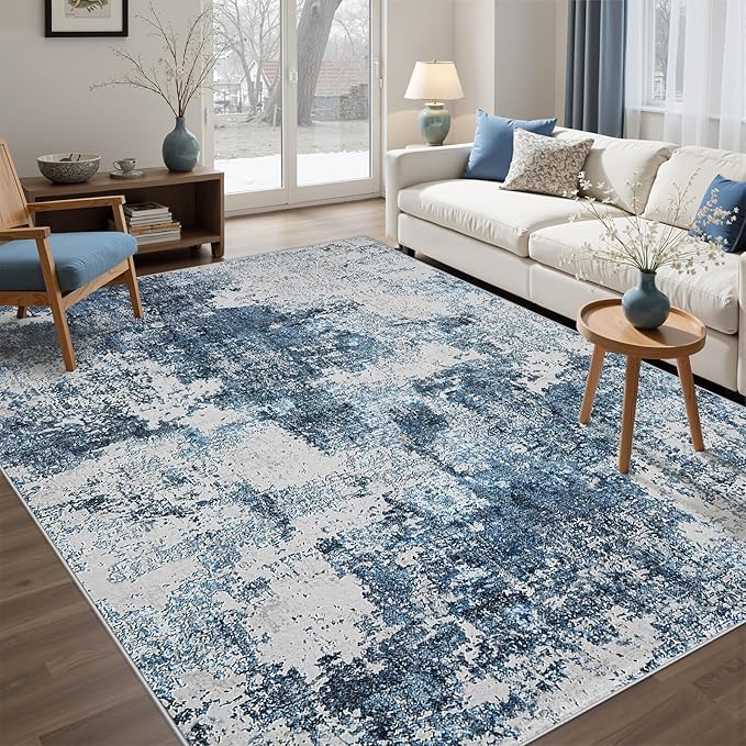 Washable Rug 6x9 Area Rugs: Soft Large Living Room Rug with Anti-Slip Backing Non-Shedding Stain-Resistant Modern Abstract Carpet for Bedroom Dining Room Nursery Home Office-Blue