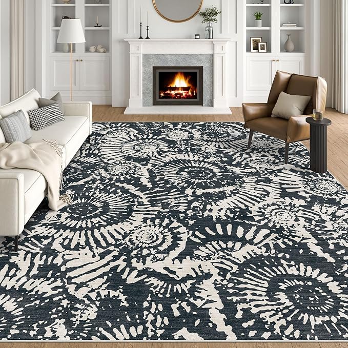 BLISSA Black White Living Room Rug - 8x10 Soft Washable Bedroom Area Rug Non-Slip Low-Pile Modern Contemporary Abstract Rugs for Living Room Bedroom Dining Room Under Table Nursery Foyer Large Carpet