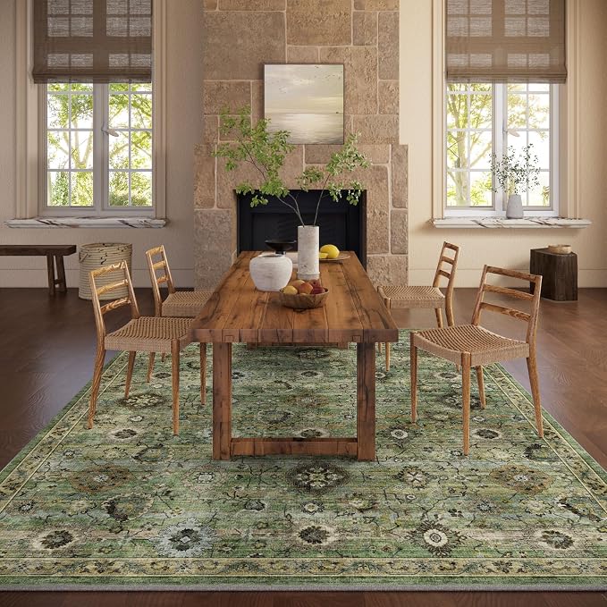 Washable Area Rugs for Living Room: 8x10 Rug Boho Vintage Rugs Stain Resistant Non Slip Low Pile Lightweight Soft Carpets for Bedroom Kitchen Dining Room Nursery Kids Room Farmhouse Home Office
