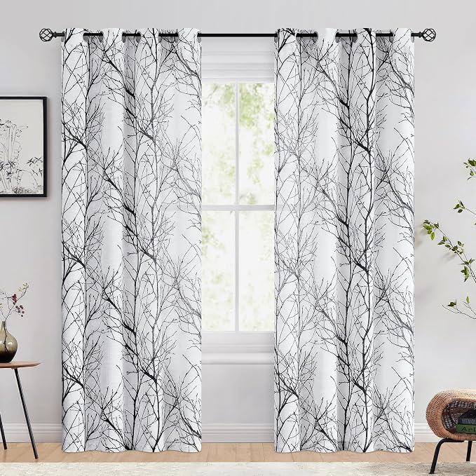 FMFUNCTEX Linen Black White Semi Sheer Print Curtains 96 Inch Long 2 Panels | Branch Sheer Patterned Drapes, Light Filtering Grommet Panels for Bedroom, Living Room, Kitchen, and Farmhouse Curtain