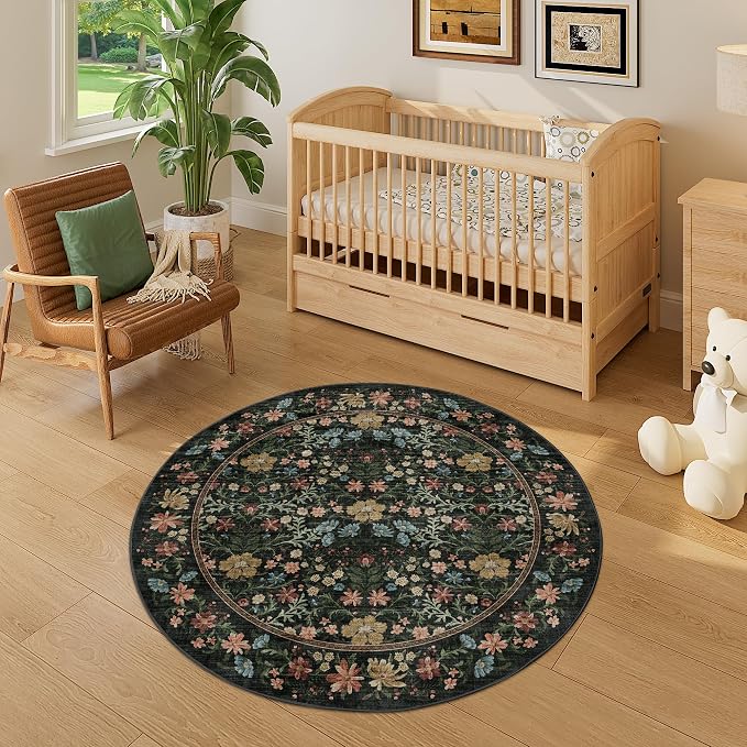 DUKINO 4ft Round Rug, Washable Vintage Floral Area Rug for Bedroom, Black | Non Slip Low Pile Stain Resistant, Aesthetic Lightweight Soft Small Circle Carpet for Living Room Kitchen Entryway Farmhouse