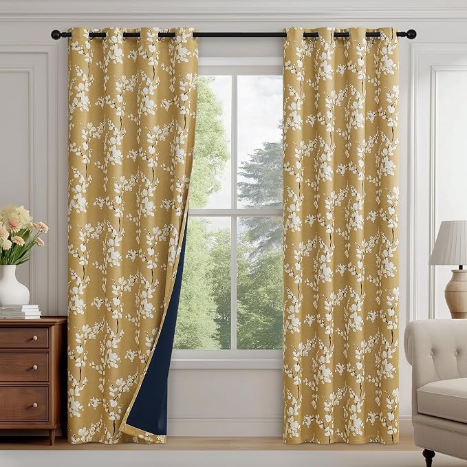 FMFUNCTEX 100% Blackout Yellow Floral Curtains 96 Inch Grommet 2 Panels | Black Out Drapes,Thermal Insulated Cottage Farmhouse, Blossom Patterned Extra Long Curtain for Bedroom, Living Room Darkening