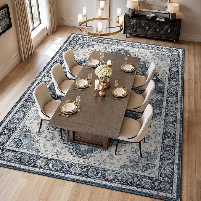 Garvee Navy Blue 9x12 Area Rugs for Living Room, Boho Vintage Non-Slip Washable Rug Low Pile Stain Resistant Soft Foldable Large Carpet for Bedroom Dining Home Decor
