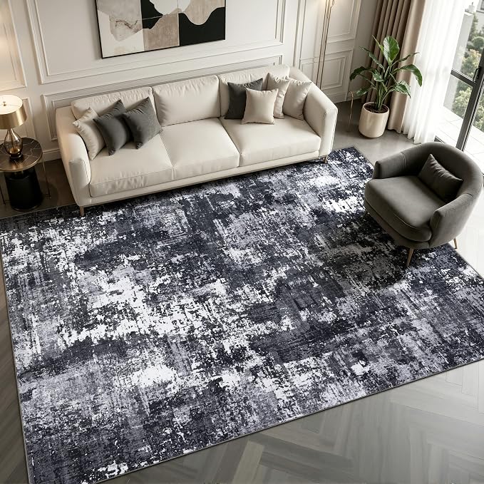 Sasttie 10x14 Soft Area Rug for Living Room, Modern Abstract Washable Large Carpet for Bedroom, with Non-Slip Backing, Black and White