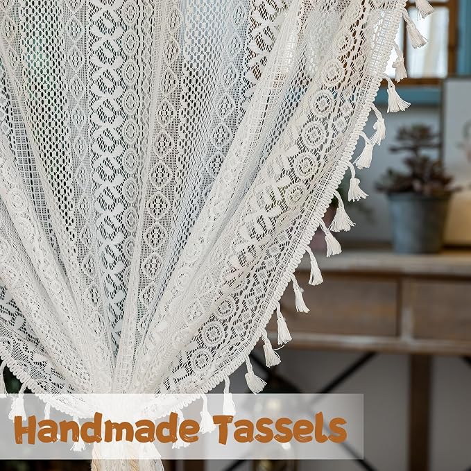 Sutuo Home White Boho Lace Sheer Door Curtain for Doorway, Bohemian Doorway Curtain for Front Door Hallway Crochet Vintage Chic Tassels Privacy Temporary Room Divider Rod Pocket,1 Panel 37" x 80"