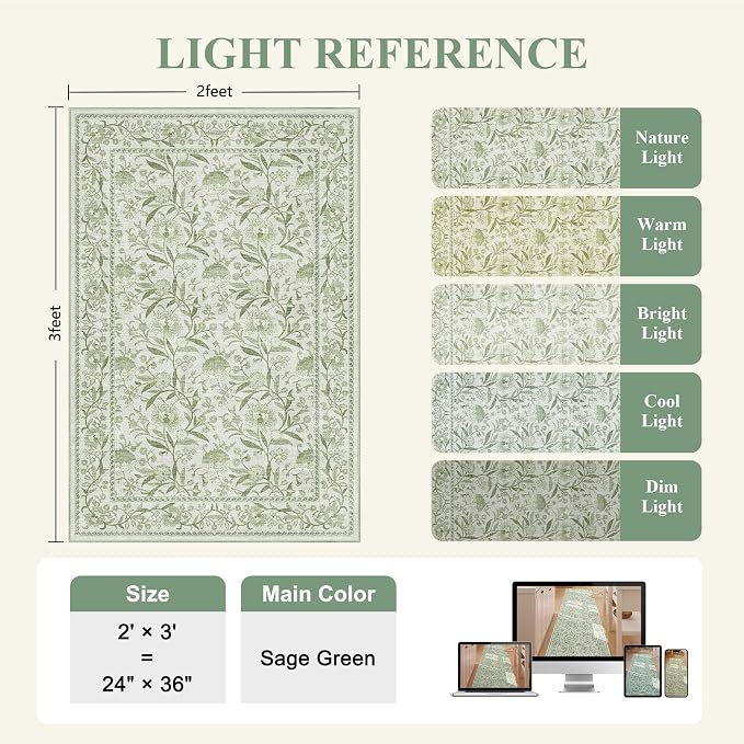 DUKINO 2x3 Rug, Washable Vintage Floral Bathroom Rugs Non Slip, Sage Green | Low Pile, Stain Resistant Boho Soft Indoor Door Mat, Small Front Door Carpet for Entryway Kitchen Laundry Bedroom Farmhouse